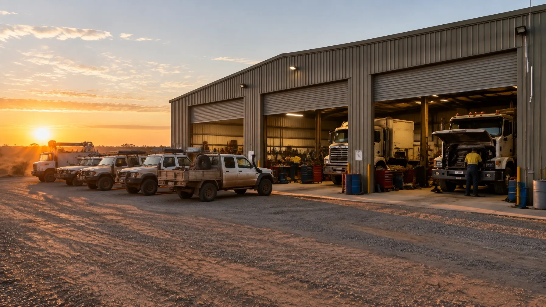 Workshop yard at dawn with heavy vehicles and open service bays