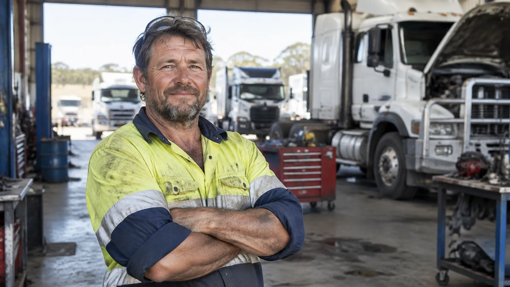 Qualified heavy diesel mechanic standing in a truck workshop