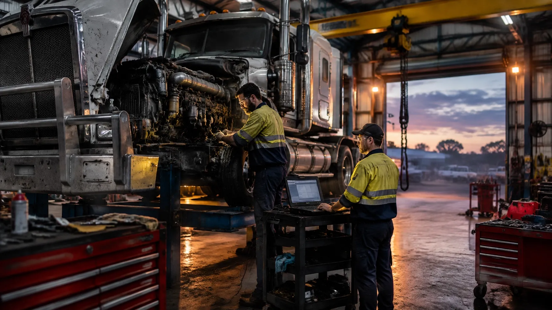 Two mechanics working on a Kenworth truck in a busy workshop